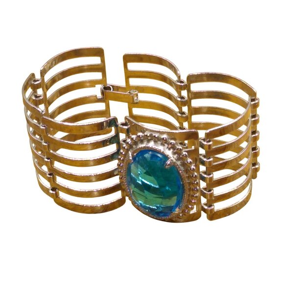 Large Oval Blue Crystal Bracelet, Royal Blue Faceted Glass on Silver Tone Lightw - Picture 4 of 5